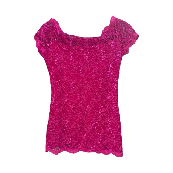 Boston Proper Lace & Sequin Top. Magenta, Stretchy, Lined. Made In USA Size XS - Picture 2 of 9